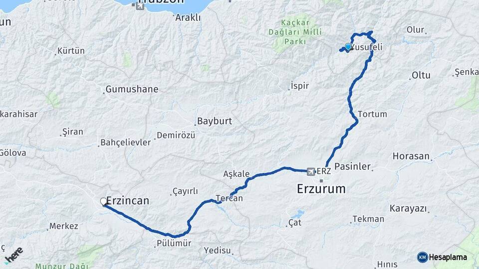 Artvin Yusufeli Erzincan Arası Kaç Km - Yol Haritası