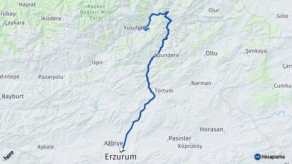 Artvin Yusufeli Erzurum Arası Kaç Km - Yol Haritası