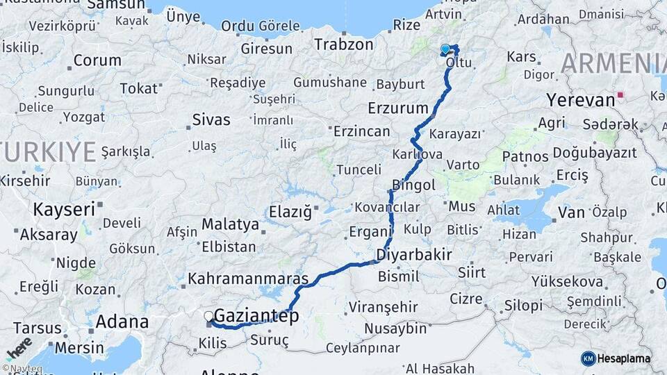 Artvin Yusufeli Gaziantep Arası Kaç Km - Yol Haritası