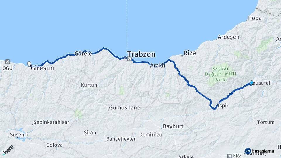 Artvin Yusufeli Giresun Arası Kaç Km - Yol Haritası