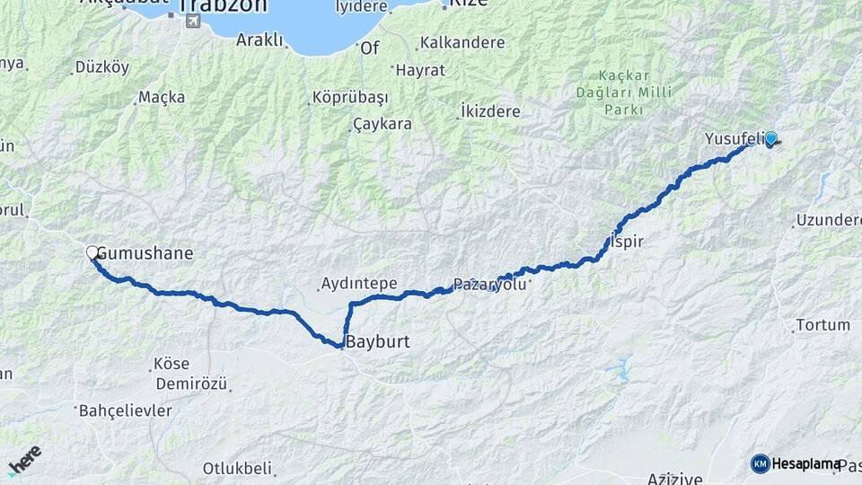 Artvin Yusufeli Gümüşhane Arası Kaç Km - Yol Haritası