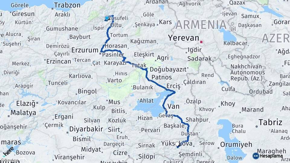Artvin Yusufeli Hakkari Arası Kaç Km - Yol Haritası