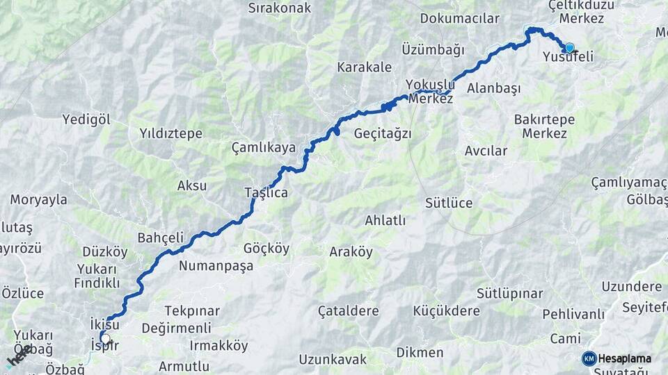 Artvin Yusufeli İspir Erzurum Arası Kaç Km - Yol Haritası