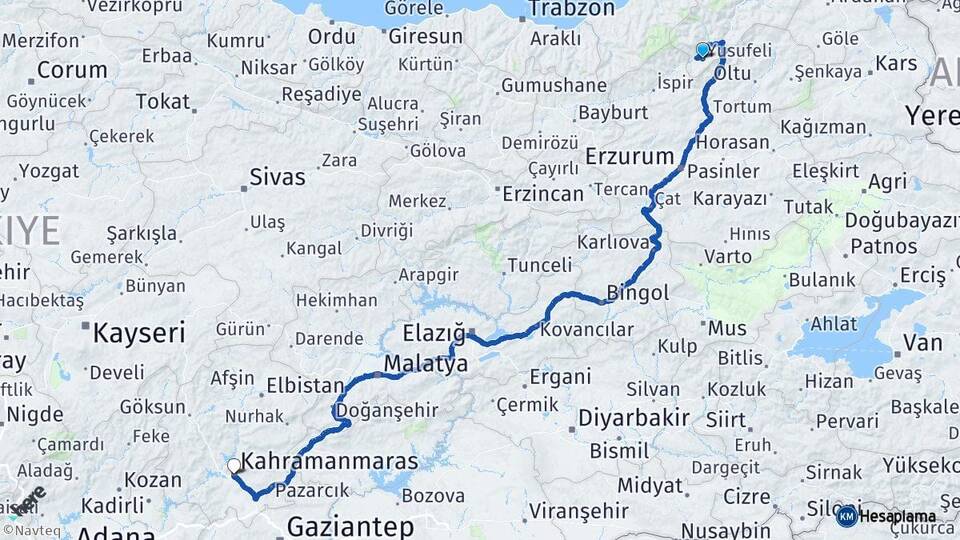 Artvin Yusufeli Kahramanmaraş Arası Kaç Km - Yol Haritası