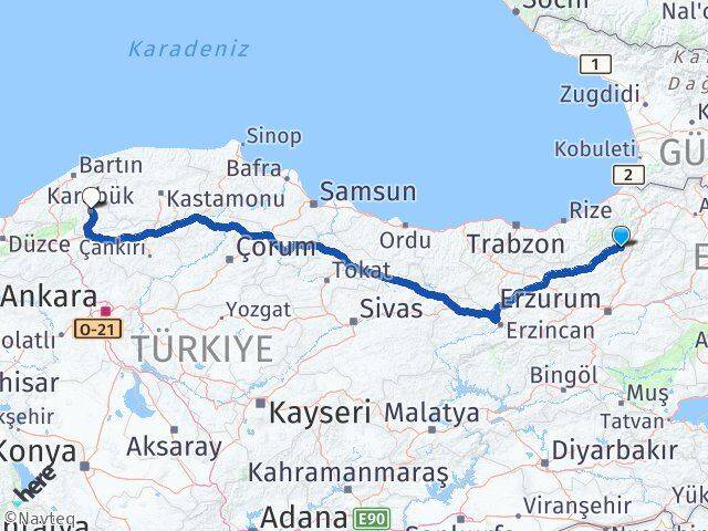 Artvin Yusufeli Karabük Arası Kaç Km - Yol Haritası