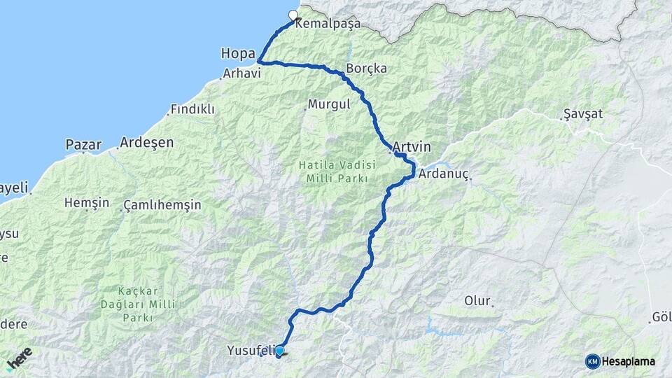 Artvin Yusufeli Kemalpaşa Arası Kaç Km - Yol Haritası