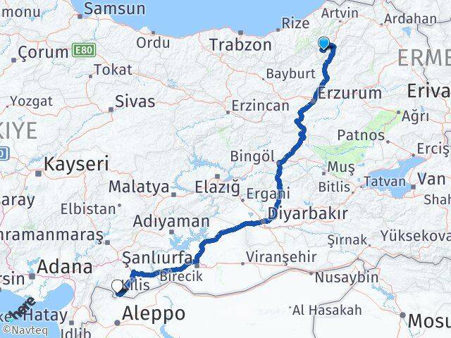 Artvin Yusufeli Kilis Arası Kaç Km - Yol Haritası