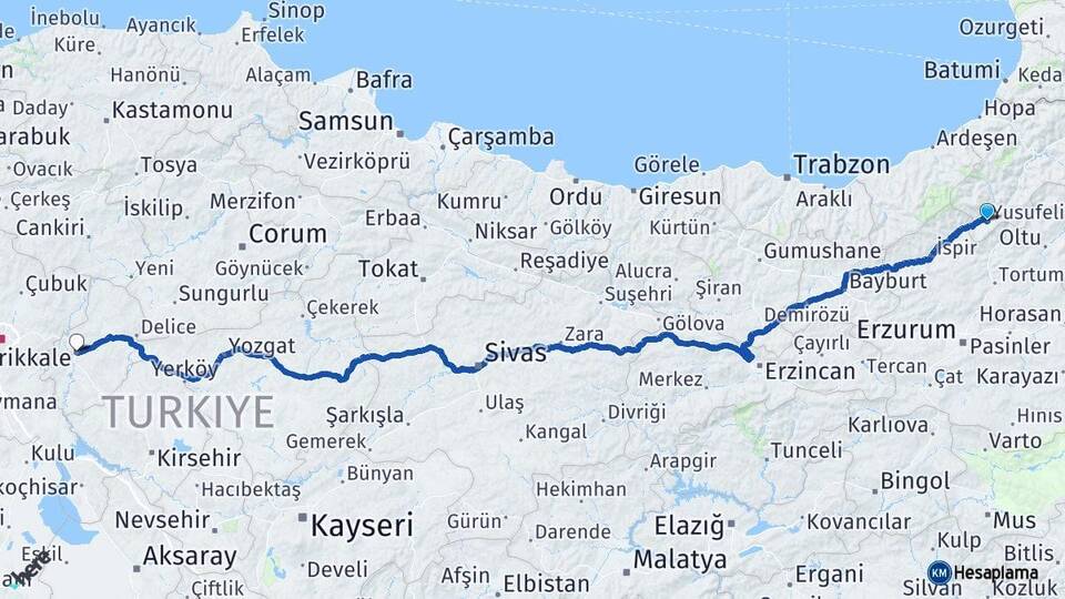 Artvin Yusufeli Kırıkkale Arası Kaç Km - Yol Haritası