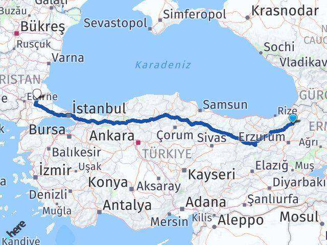 Artvin Yusufeli Kırklareli Arası Kaç Km - Yol Haritası