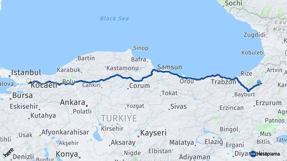 Artvin Yusufeli Kocaeli Arası Kaç Km - Yol Haritası