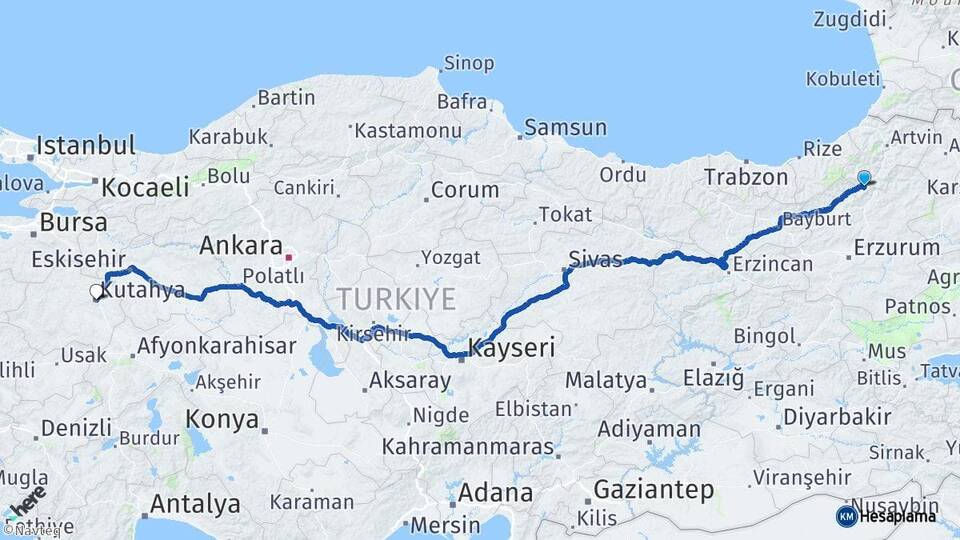 Artvin Yusufeli Kütahya Arası Kaç Km - Yol Haritası