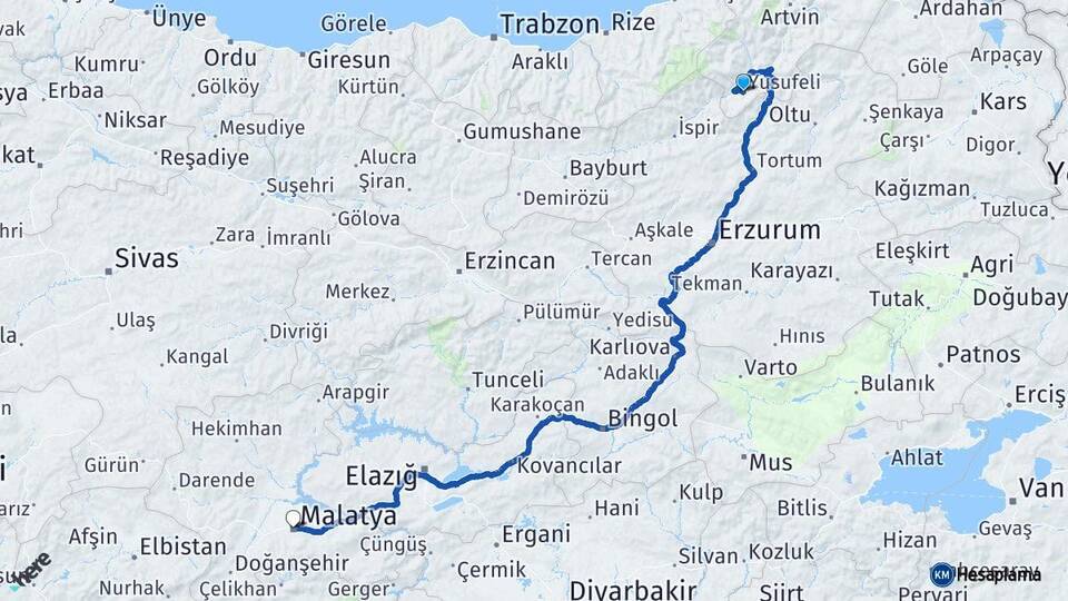Artvin Yusufeli Malatya Arası Kaç Km - Yol Haritası
