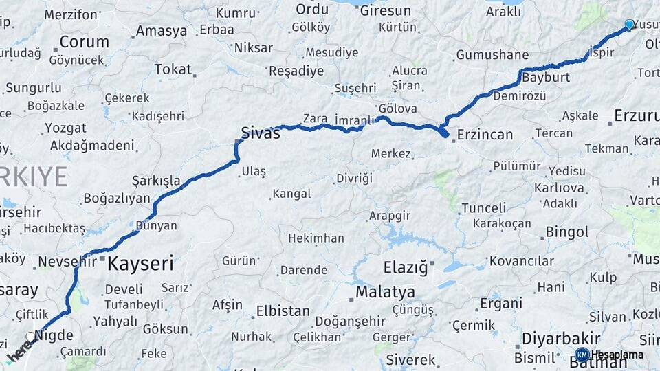 Artvin Yusufeli Niğde Arası Kaç Km - Yol Haritası
