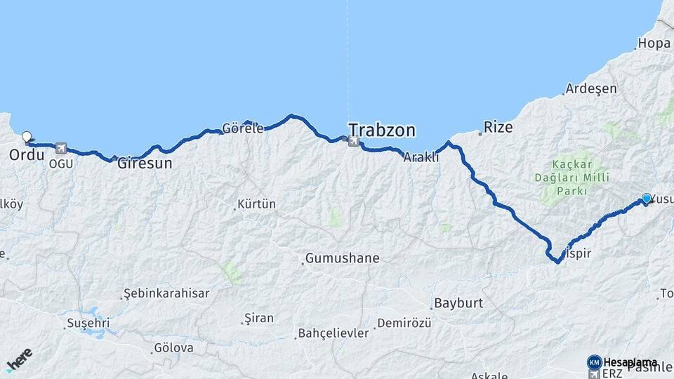 Artvin Yusufeli Ordu Arası Kaç Km - Yol Haritası