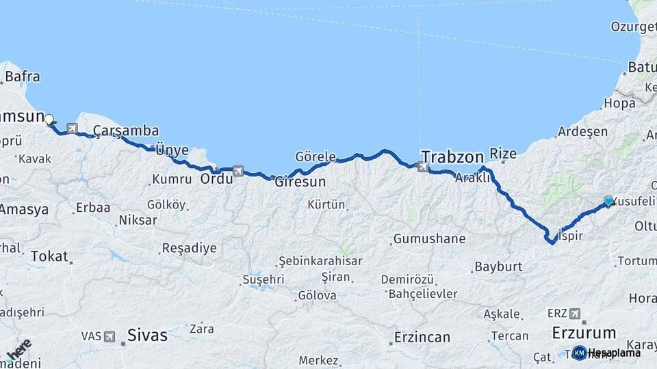 Artvin Yusufeli Samsun Arası Kaç Km - Yol Haritası