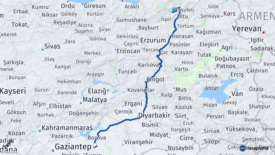 Artvin Yusufeli Şanlıurfa Arası Kaç Km - Yol Haritası