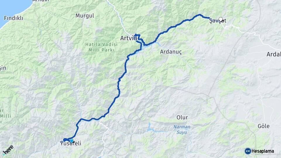 Artvin Yusufeli Şavşat Arası Kaç Km - Yol Haritası