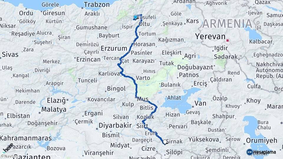 Artvin Yusufeli Şırnak Arası Kaç Km - Yol Haritası