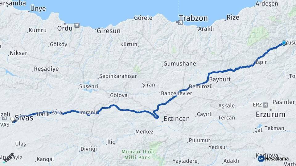 Artvin Yusufeli Sivas Arası Kaç Km - Yol Haritası