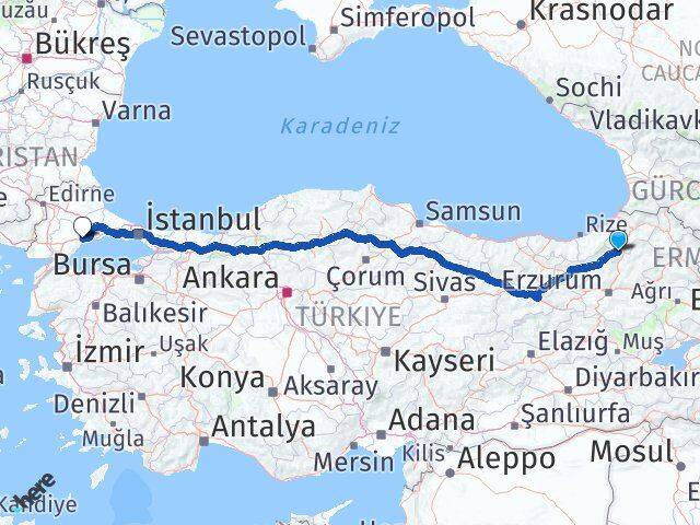 Artvin Yusufeli Tekirdağ Arası Kaç Km - Yol Haritası