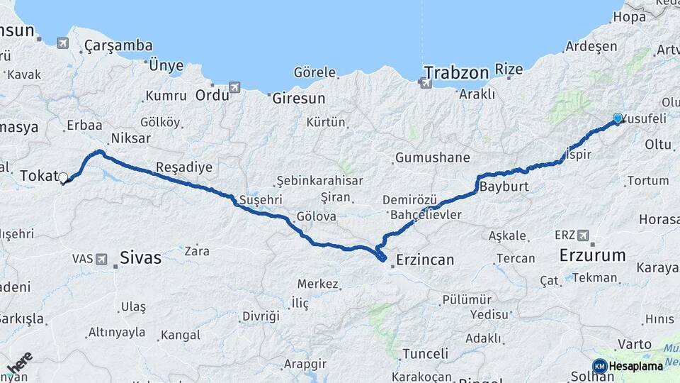 Artvin Yusufeli Tokat Arası Kaç Km - Yol Haritası