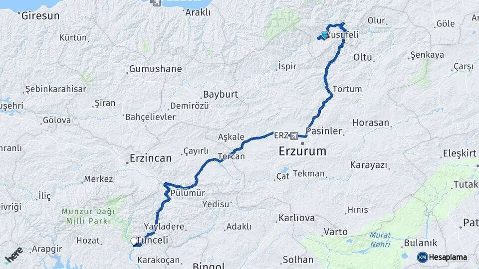 Artvin Yusufeli Tunceli Arası Kaç Km - Yol Haritası