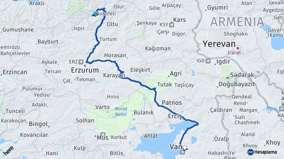Artvin Yusufeli Van Arası Kaç Km - Yol Haritası