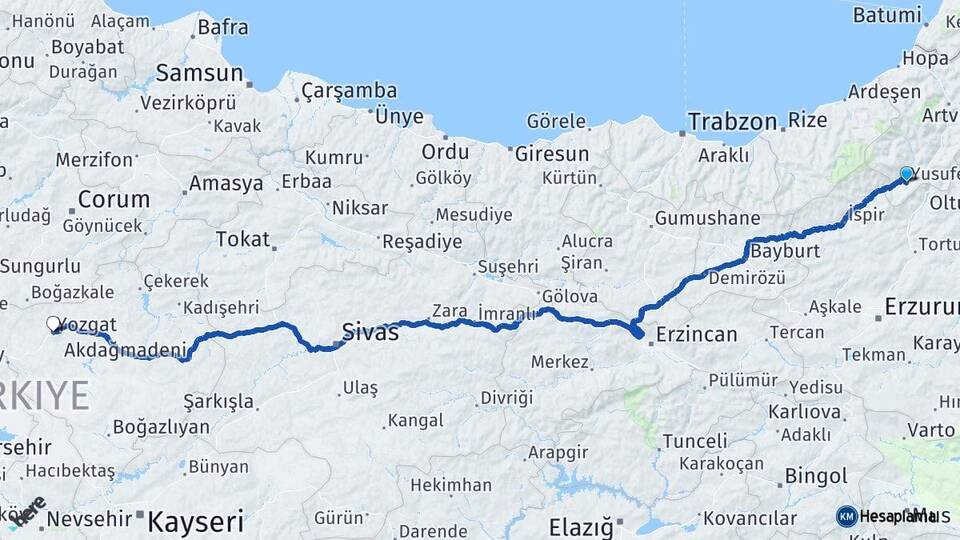 Artvin Yusufeli Yozgat Arası Kaç Km - Yol Haritası
