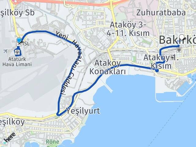 Atatürk Havalimanı Bakırköy İstanbul Arası Kaç Km - Yol Haritası