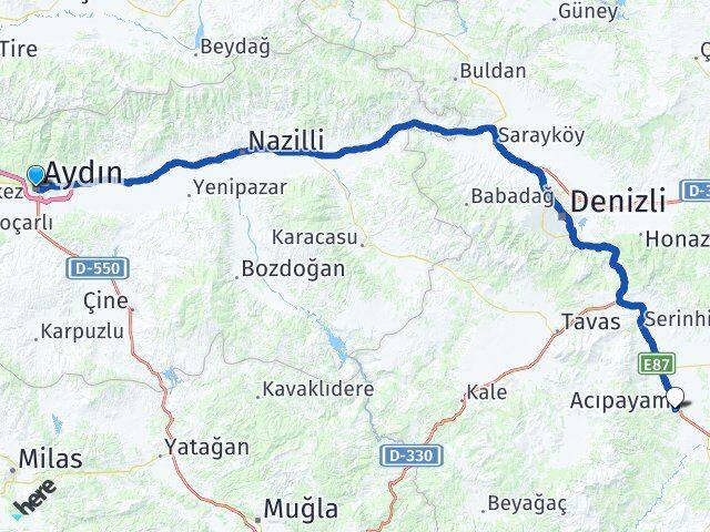 Aydın Acıpayam Denizli Arası Kaç Km - Yol Haritası