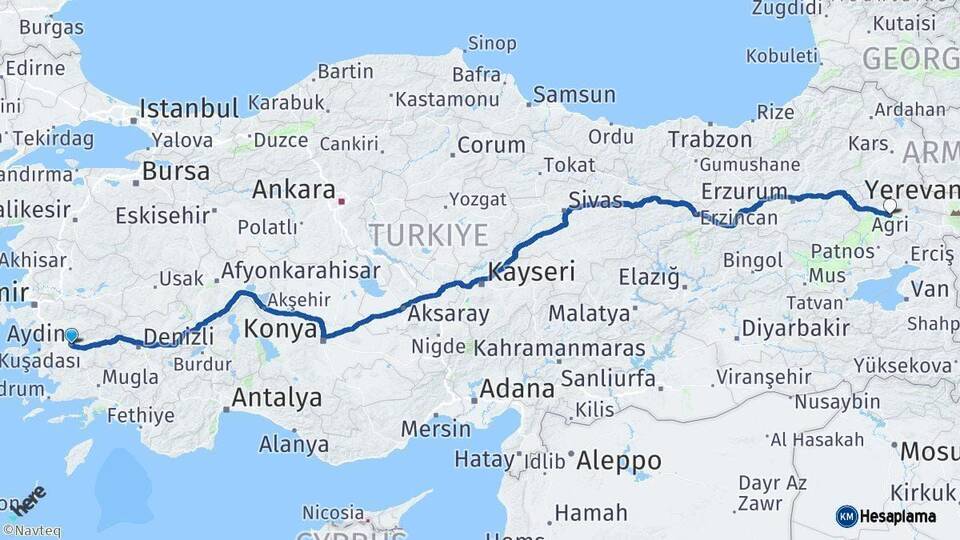 Aydın Ağrı Arası Kaç Km - Yol Haritası