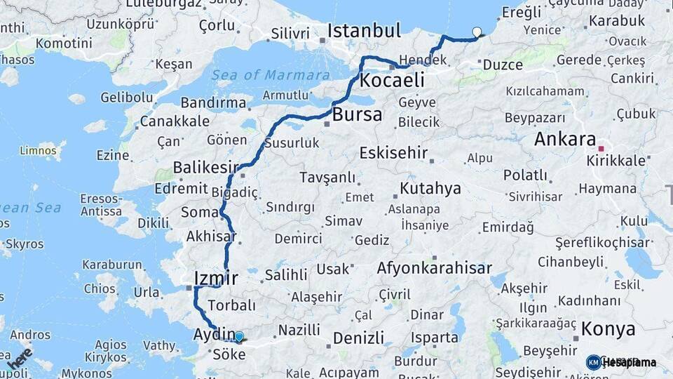 Aydın Akçakoca Düzce Arası Kaç Km - Yol Haritası