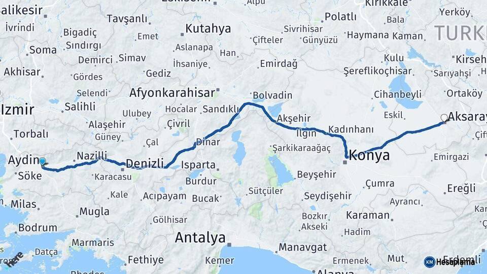 Aydın Aksaray Arası Kaç Km - Yol Haritası