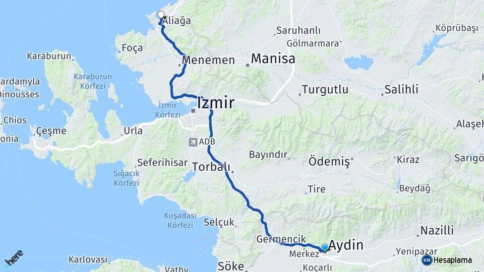 Aydın Aliağa İzmir Arası Kaç Km - Yol Haritası