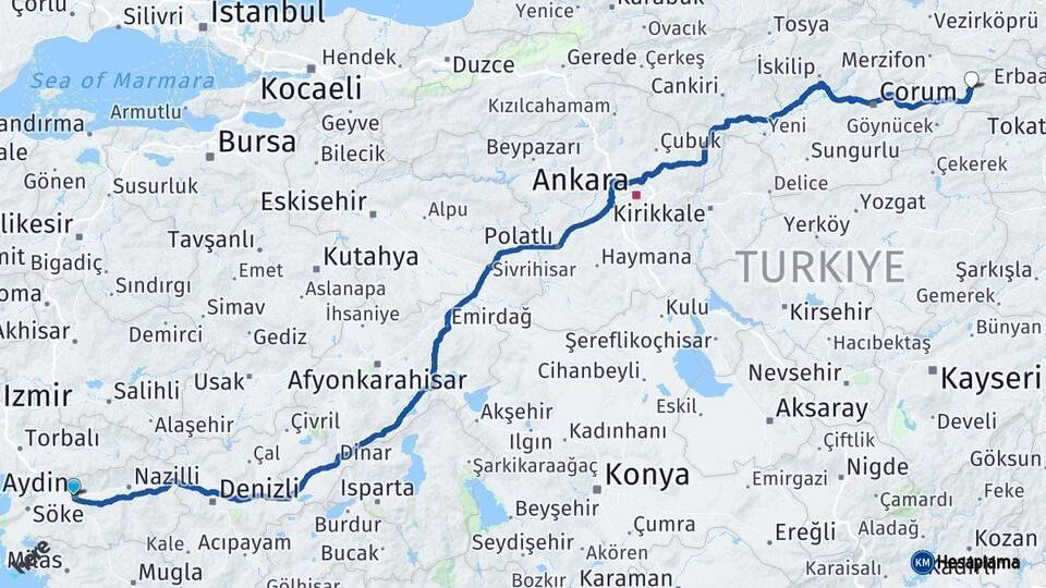 Aydın Amasya Arası Kaç Km - Yol Haritası