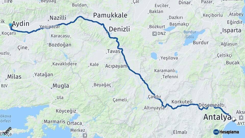 Aydın Antalya Arası Kaç Km - Yol Haritası