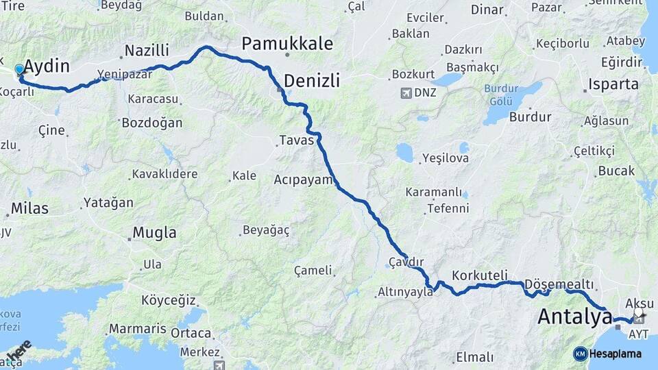 Aydın Antalya Havalimanı Arası Kaç Km - Yol Haritası