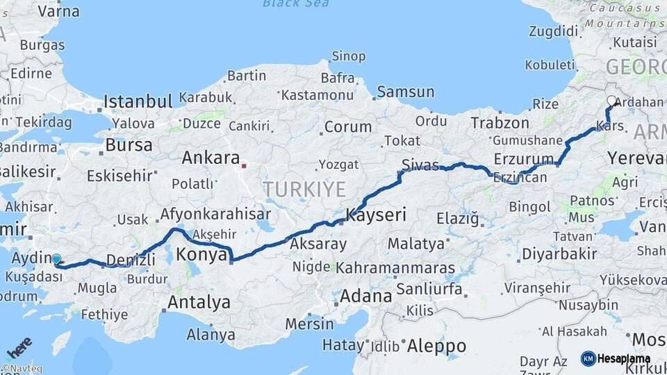 Aydın Ardahan Arası Kaç Km - Yol Haritası