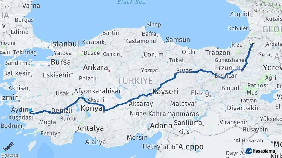Aydın Artvin Arası Kaç Km - Yol Haritası