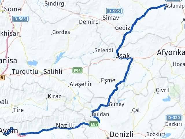 Aydın Aslanapa Kütahya Arası Kaç Km - Yol Haritası