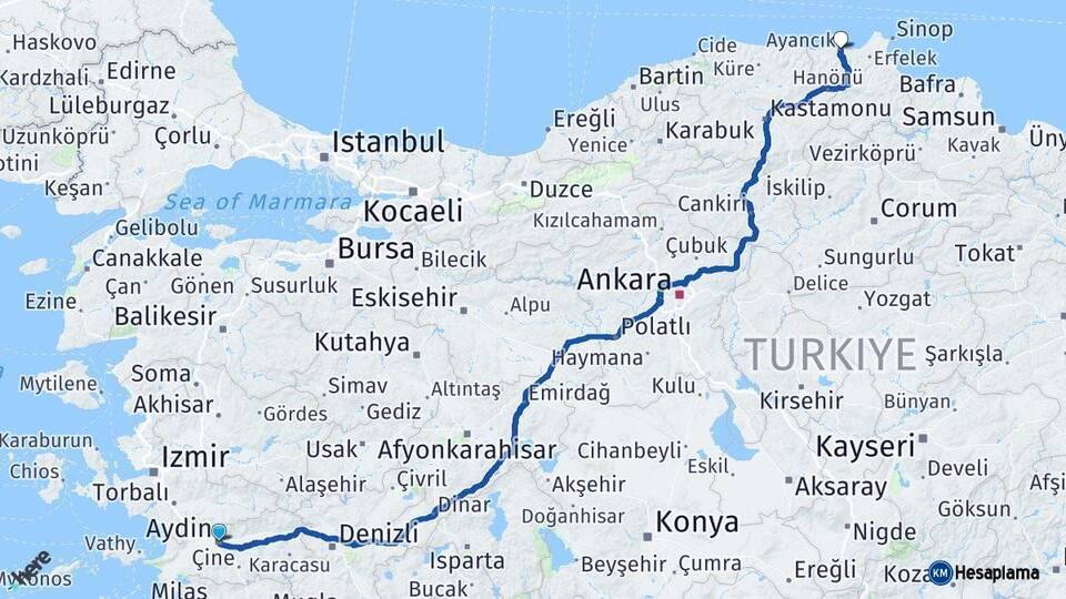 Aydın Ayancık Sinop Arası Kaç Km - Yol Haritası