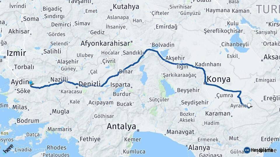 Aydın Ayrancı Karaman Arası Kaç Km - Yol Haritası