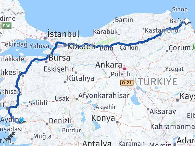 Aydın Bafra Samsun Arası Kaç Km - Yol Haritası