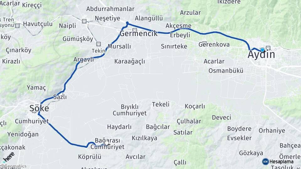 Aydın Bağarası Söke Arası Kaç Km - Yol Haritası