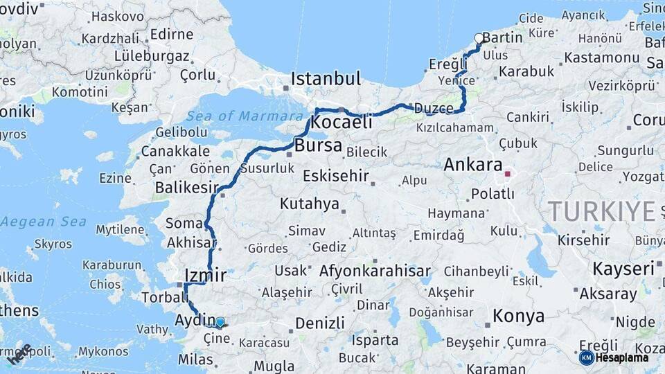 Aydın Bartın Arası Kaç Km - Yol Haritası