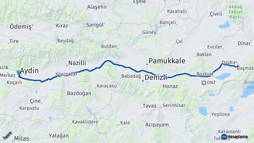 Aydın Başmakçı Afyonkarahisar Arası Kaç Km - Yol Haritası