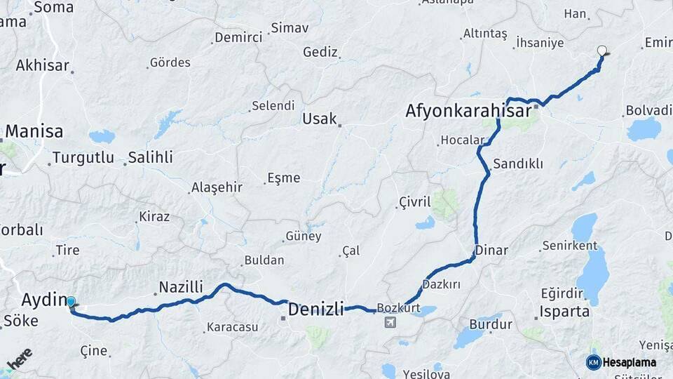 Aydın Bayat Afyonkarahisar Arası Kaç Km - Yol Haritası