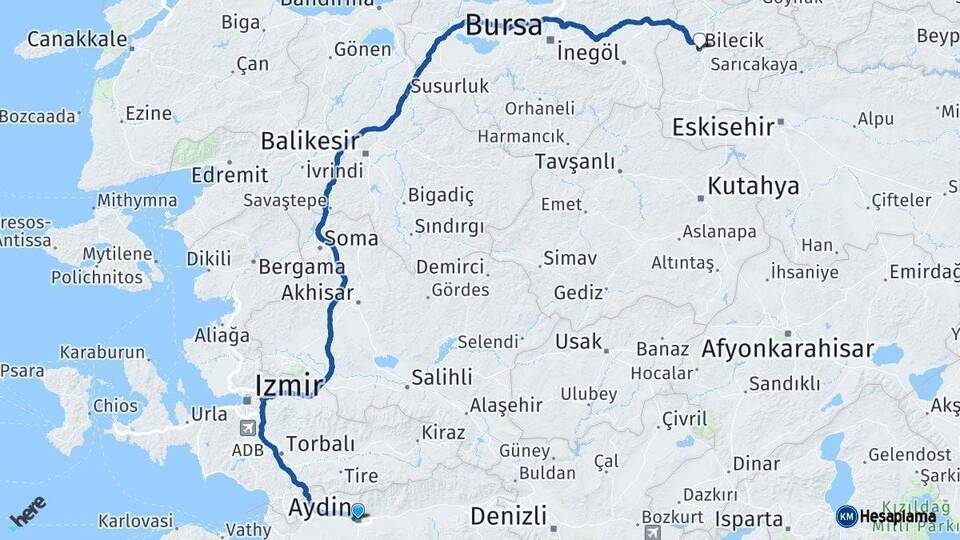 Aydın Bilecik Arası Kaç Km - Yol Haritası