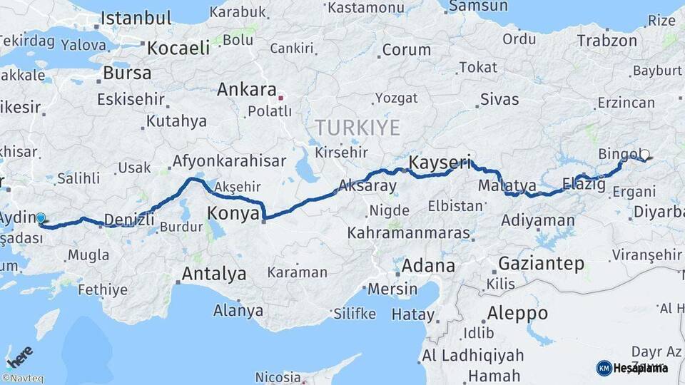 Aydın Bingöl Arası Kaç Km - Yol Haritası
