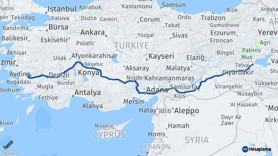 Aydın Bitlis Arası Kaç Km - Yol Haritası